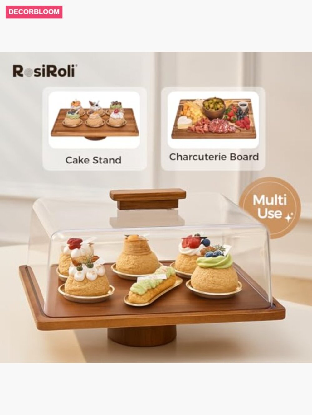 2-in-1 Acacia Wood Cake Stand & Charcuterie Board with Acrylic Dome Lid, - Picture 5 of 7